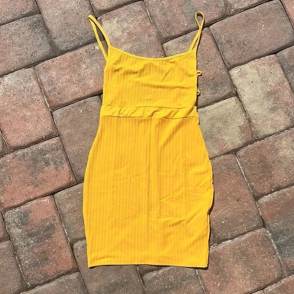 NEW! Yellow Ribbed Bandage Cut Out Strappy Cage Back Bodycon Dress - Picture 8 of 11